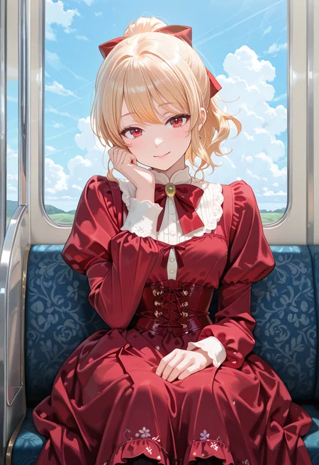 1girl, solo, lazypos, anime-style digital drawing,
soft pastel colors, detailed and delicate, whimsical and dreamy, soft shading, detailed textures,
gentle and innocent expression, intricate and ornate, elegant and charming,
anime girl, delicate and feminine, soft and gentle colors.
day, clouds, blue sky,
sitting, inside train, hand resting on cheek,
<lora:kaelaIL:0.35> kaelaIL, blonde hair, ponytail, red eyes, smile,
<lora:TRT(Illust)0.1v:0.5>
<lora:PHM_style_IL_v3.3:0.5>
<lora:Victorian_Whim_Velvet_Dress:1> Victorian_Whim_Velvet_Dress, long dress, red dress, puffy long sleeves, juliet sleeves, frills, red bow, red ribbon, floral print, cross-laced clothes, corset