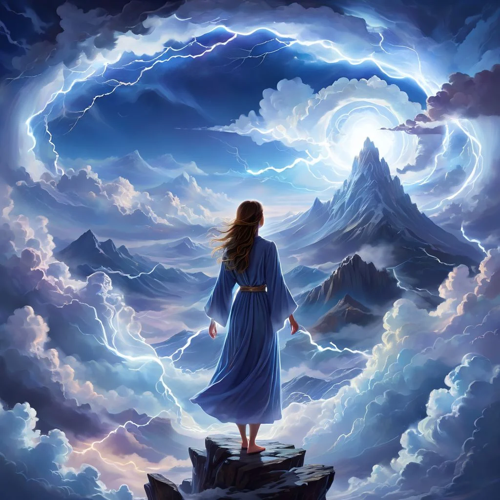 cloudport, fantasy art, masterpiece, view from below, low angle, cloudy sky, distant mountain range, snow on the mountain peaks, complex clouds, layered clouds of many different forms and shapes, a woman made of clouds, clouds shaped into the form of a woman, a circle of daylight is visible in a portal made of lightning, night sky surrounds, arms outstretched, beckoning, magical points of light swirling through the clouds, the woman's hair is dark and gaseous, her body made of cloud, robes made of wind, her robes billowing in the wind, joy, mirth, she skips through the air, floating, she reaches out, grasping a cloud in her hand, she is ephemeral, she looks over he shoulder, lightning arcs through the clouds, her eyes sparkle with electricity, standing on a snowy cliff, rocks,