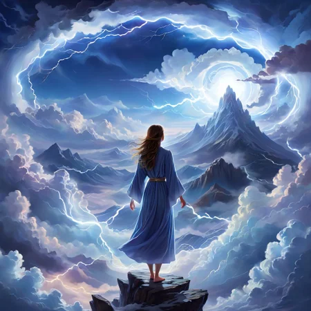 cloudport, fantasy art, masterpiece, view from below, low angle, cloudy sky, distant mountain range, snow on the mountain peaks, complex clouds, layered clouds of many different forms and shapes, a woman made of clouds, clouds shaped into the form of a woman, a circle of daylight is visible in a portal made of lightning, night sky surrounds, arms outstretched, beckoning, magical points of light swirling through the clouds, the woman's hair is dark and gaseous, her body made of cloud, robes made of wind, her robes billowing in the wind, joy, mirth, she skips through the air, floating, she reaches out, grasping a cloud in her hand, she is ephemeral, she looks over he shoulder, lightning arcs through the clouds, her eyes sparkle with electricity, standing on a snowy cliff, rocks,