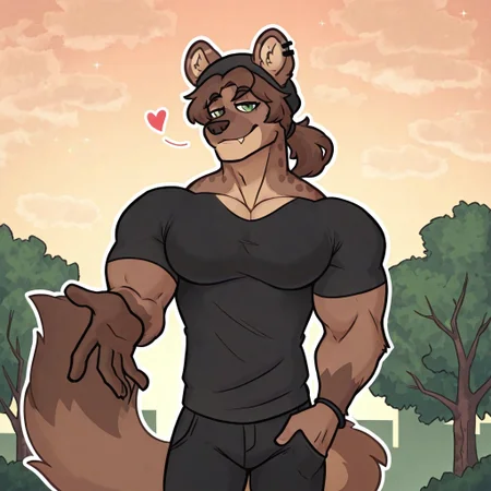 w0lfc0nf, 1 boy ,male, John, green eyes, brown fur, happy smile, single fang, big chest, animal ears, fluffy tail, ear piercing, broad shoulders, brown hair, ponytail, posing, looking at viewer, black beanie, one hand on pocket, black shirt, bracelet, offering hand, heart, masculine, masculine features, muscular male, simple background, park background, clouds, trees, no bubbles, masterpiece, perfect quality, best quality, detailed, cool composition, newest, very aesthetic, detailed