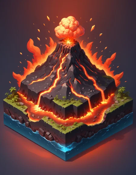 red glowing lava surrounding an errupting volcano, isometric, zavy-ctsmtrc, art,