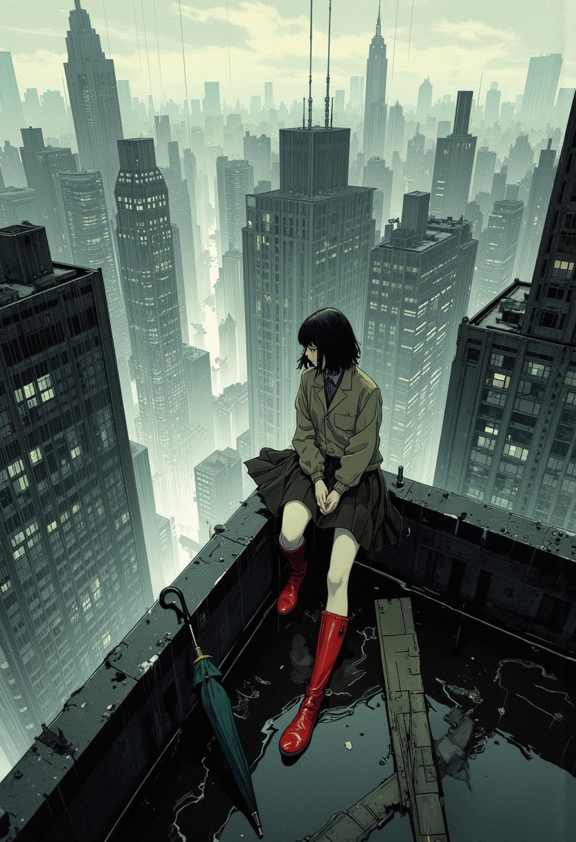 detailed art, anime art, masterpiece, stylized anime cel-shade, overcast skies, fisheye high-above perspective – overhead warped view of a solitary girl sitting on a rooftop’s edge in the rain, look away, umbrella lays beside her, the cityscape behind warps and twists into infinity around the edge of the lens, bright red boots and her soaked school jacket contrast the monochrome buildings, water puddles reflect bent fragments of sky, fine rain drawn in thin curved white lines following the lens arc