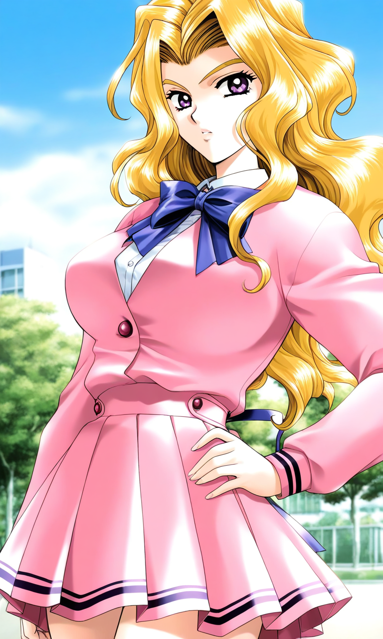 general,highres, ultra-detailed,very aesthetic,best quality ,best hands, BREAK <lora:Shindou_Reiko_kakyuusei_Ver2.0_IS:1>
Shindou_Reiko(kakyuusei), 1girl, solo, blonde hair, long hair, purple eyes, large breasts, wavy hair, 
pink skirt, school uniform, long sleeves, pink jacket,
sky, outdoor, hand on hip, looking at viewer,
cowboy shot,  pleated skirt,