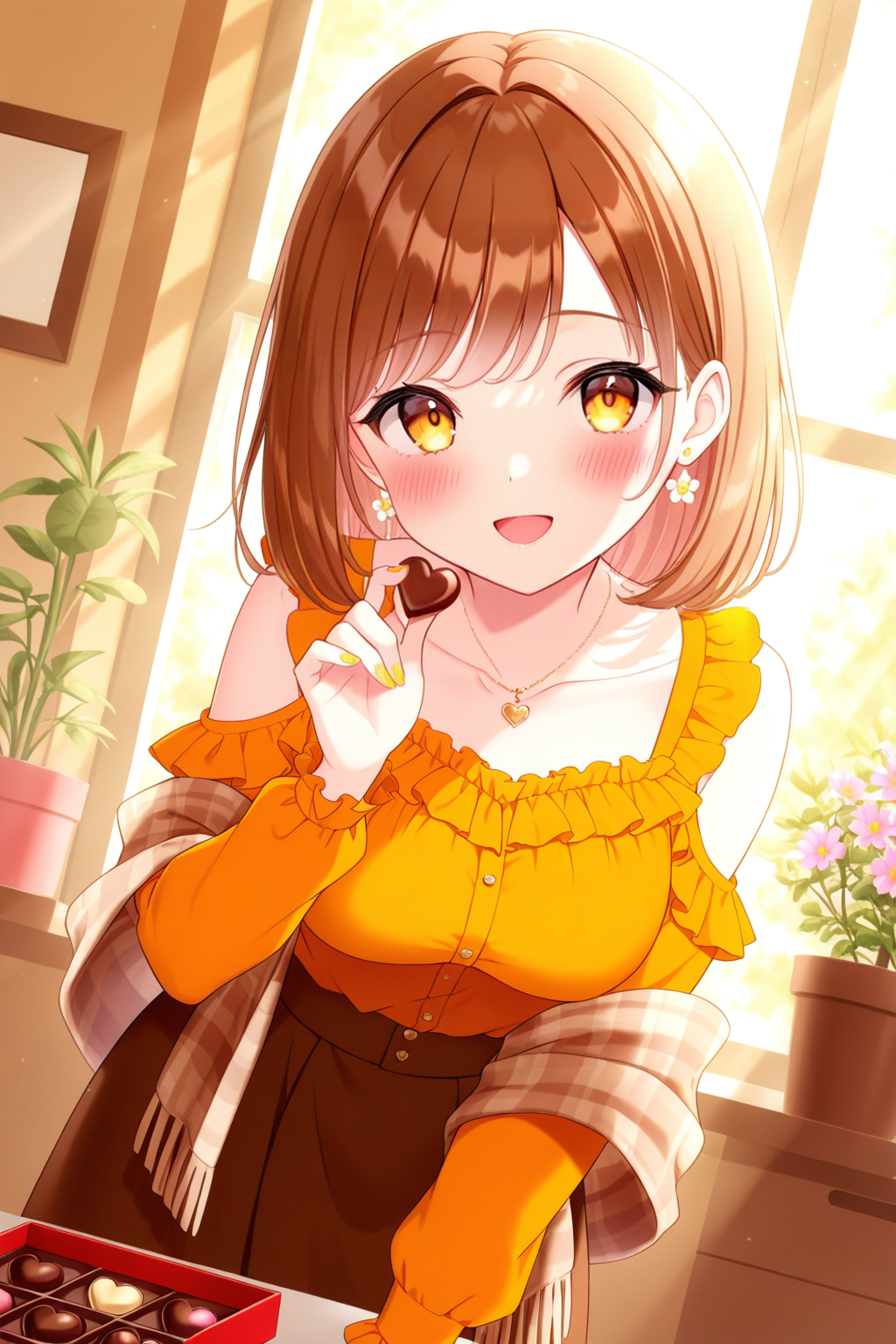 <lora:mersugar:1>, mersugar, 1girl, smile, heart-shaped chocolate, looking at viewer, heart, skirt, food, chocolate, solo, holding, shirt, open mouth, holding chocolate, dutch angle, candy, shawl, indoors, bare shoulders, blush, holding food, leaning forward, yellow shirt, long sleeves, off shoulder, brown shirt, plaid, window, frills, box of chocolates, potted plant, orange shirt, flower, plant, table, book, valentine, sunlight, jewelry, :d, frilled shirt, box, shoulder cutout, fingernails, nail polish