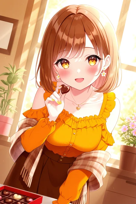 <lora:mersugar:1>, mersugar, 1girl, smile, heart-shaped chocolate, looking at viewer, heart, skirt, food, chocolate, solo, holding, shirt, open mouth, holding chocolate, dutch angle, candy, shawl, indoors, bare shoulders, blush, holding food, leaning forward, yellow shirt, long sleeves, off shoulder, brown shirt, plaid, window, frills, box of chocolates, potted plant, orange shirt, flower, plant, table, book, valentine, sunlight, jewelry, :d, frilled shirt, box, shoulder cutout, fingernails, nail polish