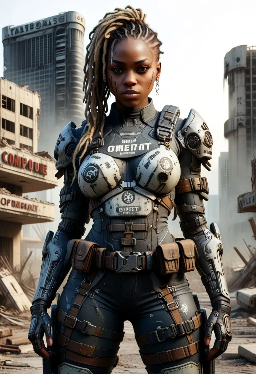 Masterpiece, Nigerian woman , african girl, darkskin, hazel eyes, big eyes, (((long blonde dreadlocks)), ((braided hair on sides)) , tattoo on arm, (((wide hips)))), ((semi muscular body)), (post apocalyptic woman), wearing a sleek white cybernetic jumpsuit with black highlights, commanding and threatening expression, cutting-edge tactical gadgets, razor-sharp wit, illegal tech and weapon, (destroyed city after nuclear blast), standing in front of a warzone Las Vegas Hotel, (post apocalyptic), RAW photo, photorealistic, analog style, subsurface scattering, photorealism, absurd res), ((closeup)),, athletic body, toned abs,,OverallDetail, KodakPhotoMaybe, big tits, ohwx woman, cowboy shot ,falloutlandsdxl, falloutgun, mad-bdyarmr, dirty and worn armor,slcn breasts, , falloutlandsdxl, Asian-Less2-Neg, holding gun, rifle