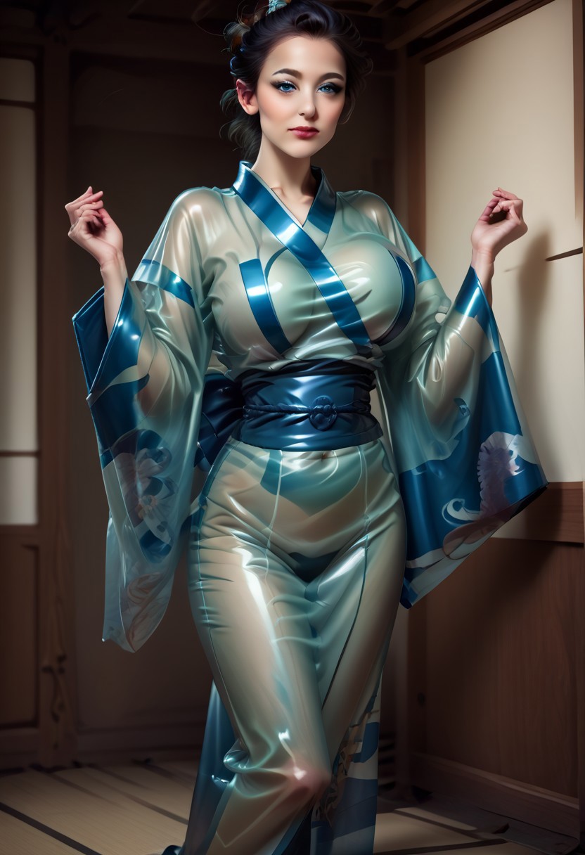 score_9, score_8_up, score_7_up, rating_safe, concept art, semi-realistic, 1girl, solo.
Young beautiful face, fit body, Blue eyes.
(Big breast:1.2), (Round breast:1.5).
Latex Kimono, Wide sleeves, Obi.
((Transparent Kimono)).