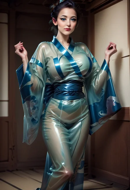 score_9, score_8_up, score_7_up, rating_safe, concept art, semi-realistic, 1girl, solo.
Young beautiful face, fit body, Blue eyes.
(Big breast:1.2), (Round breast:1.5).
Latex Kimono, Wide sleeves, Obi.
((Transparent Kimono)).