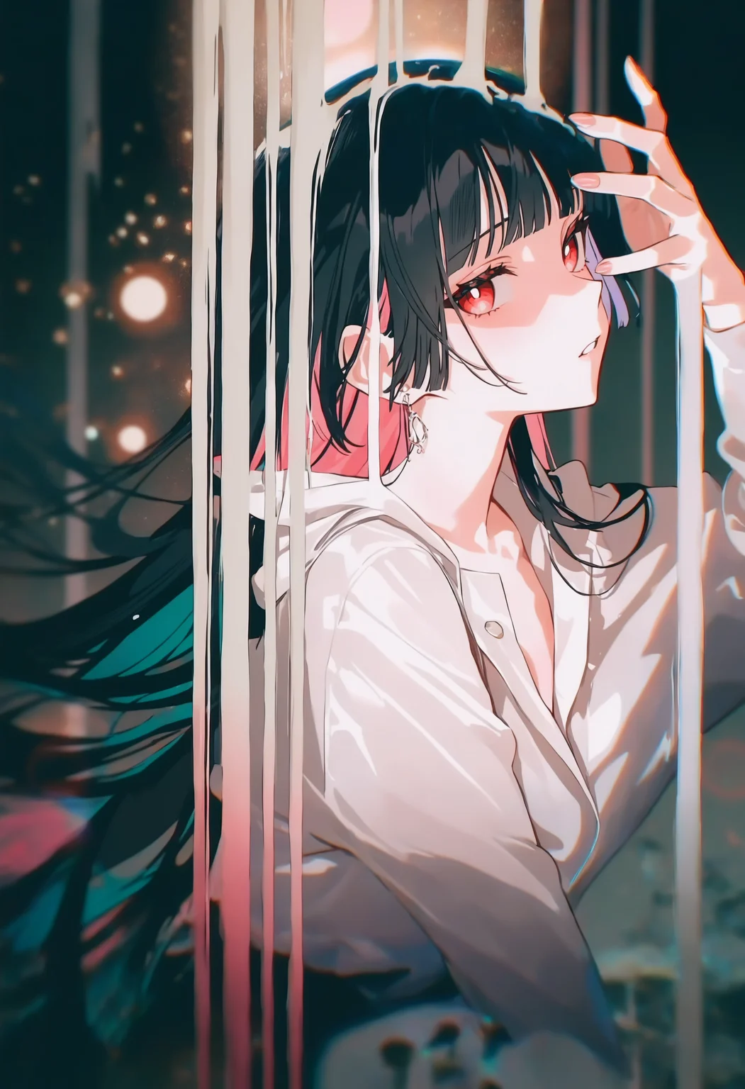 masterpiece, best quality, newest, very awa, limited palette, anime screencap, official art, depth of field, lens flare, liquid, abstract, surreal, double exposure, realistic lighting, photorealistic, dripping, liquid, hand up, fingernails, 1girl, solo, ring, black hair, jewelry, white pupils, grey border, border, red eyes, bright pupils, looking at viewer, portrait, white border, long hair, hand up, fingernails, shadow, upper body, pink nails, hands on own face, grey background, muted color, blending, Double exposure, circles, liquid, abstract, surreal, limited palette, profile, dripping, night sky, ocean, reflections, full moon, stars, comet, Grey border, border, gray border, limited palette