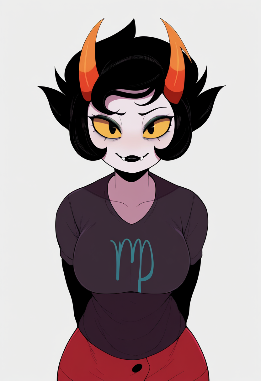 best quality, amazing quality, very aesthetic, absurdres,
 1girl, kanaya, colored skin, black eyes, yellow sclera, black hair, short hair, horns, fangs, black lipstick, 
black shirt, red skirt, arms behind back,
smile, solo, looking at viewer, simple background, white background, <lora:KanayaMaryamNoobXL_byKonan:1>