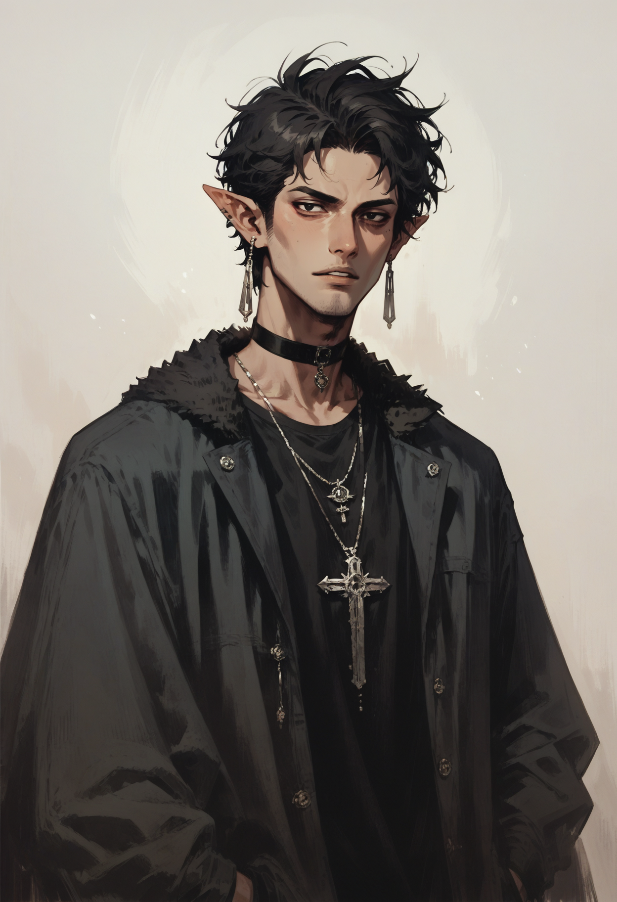 score_9, score_8_up, score_7_up score_9, score_8_up, score_7_up, score_6_up, score_5_up, score_4_up,
<lora:NeonFantasyNocturneV10:1> cult1st,
, solo, short hair, simple background, shirt, black hair, white background, 1boy, jewelry, male focus, earrings, parted lips, choker, pointy ears, necklace, black eyes, black shirt, fur trim, black choker