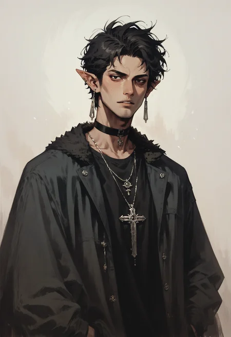 score_9, score_8_up, score_7_up score_9, score_8_up, score_7_up, score_6_up, score_5_up, score_4_up,
<lora:NeonFantasyNocturneV10:1> cult1st,
, solo, short hair, simple background, shirt, black hair, white background, 1boy, jewelry, male focus, earrings, parted lips, choker, pointy ears, necklace, black eyes, black shirt, fur trim, black choker
