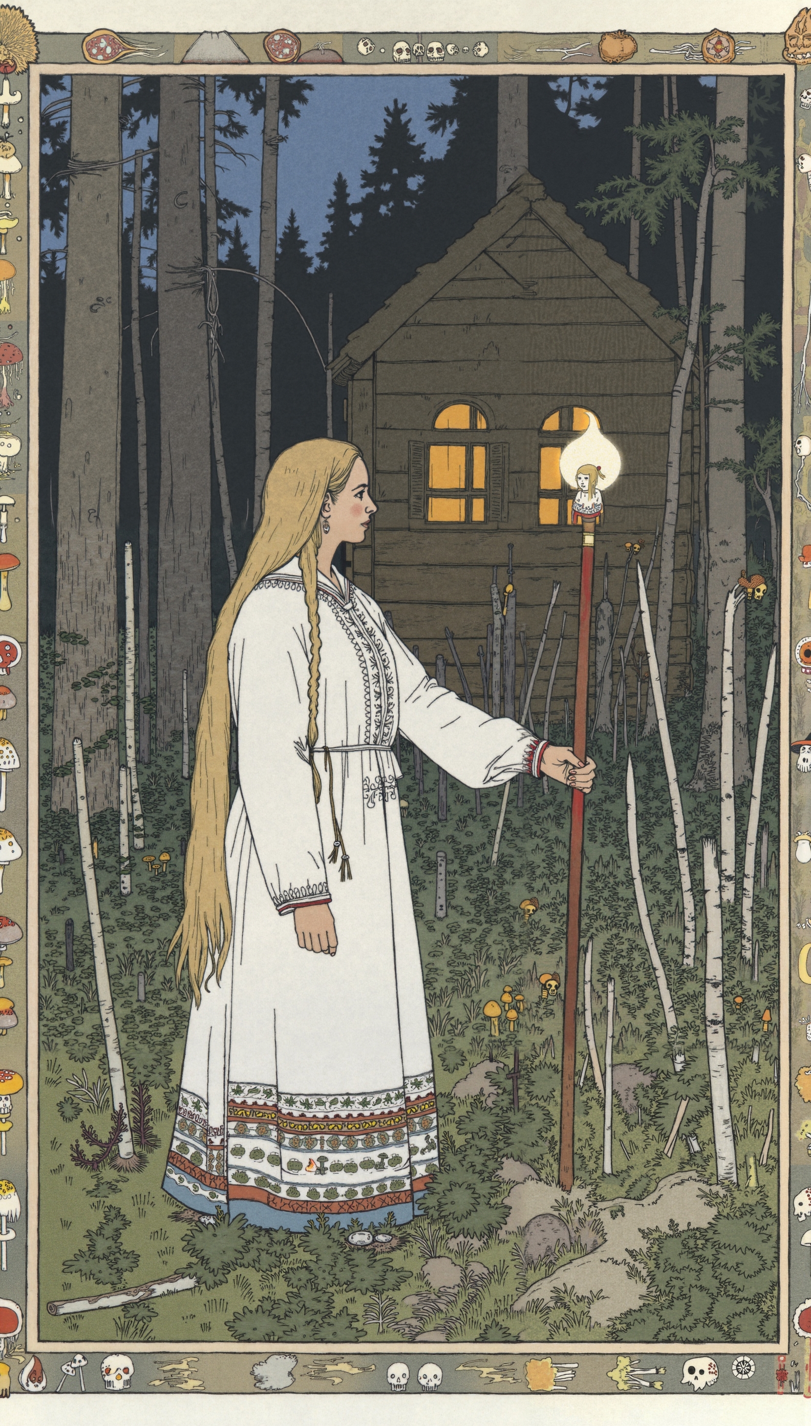 Illustration of a young woman with a long blonde braid, dressed in a traditional Russian white dress with intricate embroidery along the hem and cuffs. She is holding a glowing staff topped with a skull, illuminating her face with a soft, eerie light. The scene takes place in a dense, dark forest, filled with tall trees and mysterious shadows. In the background, a rustic wooden hut with ornate windows emits a warm, inviting glow, partially hidden among the trees. Surrounding the hut are numerous stakes with skulls on top, adding a sinister, fairytale-like atmosphere reminiscent of Slavic folklore., The forest floor is scattered with various mushrooms and wild plants, enhancing the enchanted forest setting. The illustration is framed with decorative borders of mushrooms, roots, and leaves in a style inspired by Russian folk art. The color palette is dark and muted, with deep greens, browns, grays, and subtle blues, creating a twilight ambiance filled with mystery and slight foreboding. The scene evokes a mystical, folklore-inspired mood, with influences from the works of Ivan Bilibin