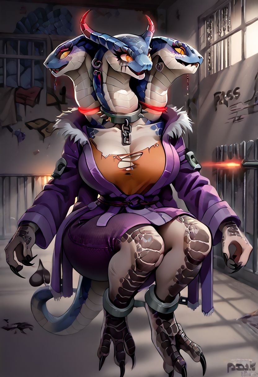 ((by pixelsketcher, etheross, deathhydra, oouna, dagasi, kalivero, chelodoy, Picturd, FIVEL):1.9), ((anthro, scales, scalie, snake, cobra, demon, hydra):1.9), digital painting, digital art, (score_9, score_8_up, score_7_up, score_6_up, score_5_up, score_4_up, source_hentai, source_anime, source_furry, source_monster), ((dark_blue_skin, fish scales, black and blue scale, glowing red accents, pearlescent shine):2.0), ((1girl, one body, three head, three necks, four arms, two legs, one tail):2.0), ((snake eyes, big eyelashes, running mascara, eye liner, spiked brow):1.9), ((long neck, detailed face, horns, cobra_hood, flat_face):1.7), ((bottom heavy, gigantic ass, oversized butt, perfect booty):1.3), (extra thicc hips), thin waist, narrow waist, round scaly tits, claws, ((metal collar, 3collars, linked collar, on a chain, chained, in shackles, sealed, piercings, piercing, earrings):2.0), ((dirty clothes, rags, torn fullbody robe, torn clothes, broken clothes):2.0), ((detailed background, basement, prison, solo):1.9), ((thick demon tail, raptor legs, furry, monster):1.5), ((different_heads, three-headed):1.5), ((spines, spikes, horns, sharp skin, scales on skin, scaly limbs):1.5), ((extra arms, two rows of arms, full body):1.5), ((three-headed cobra hydra, extra heads, (lizard from divinity original sin)):2.1), ((XCOM_Viper, sethrak, Densatra):2.1), ((bottom hands on as, ass visible from front):1.5), 4arm