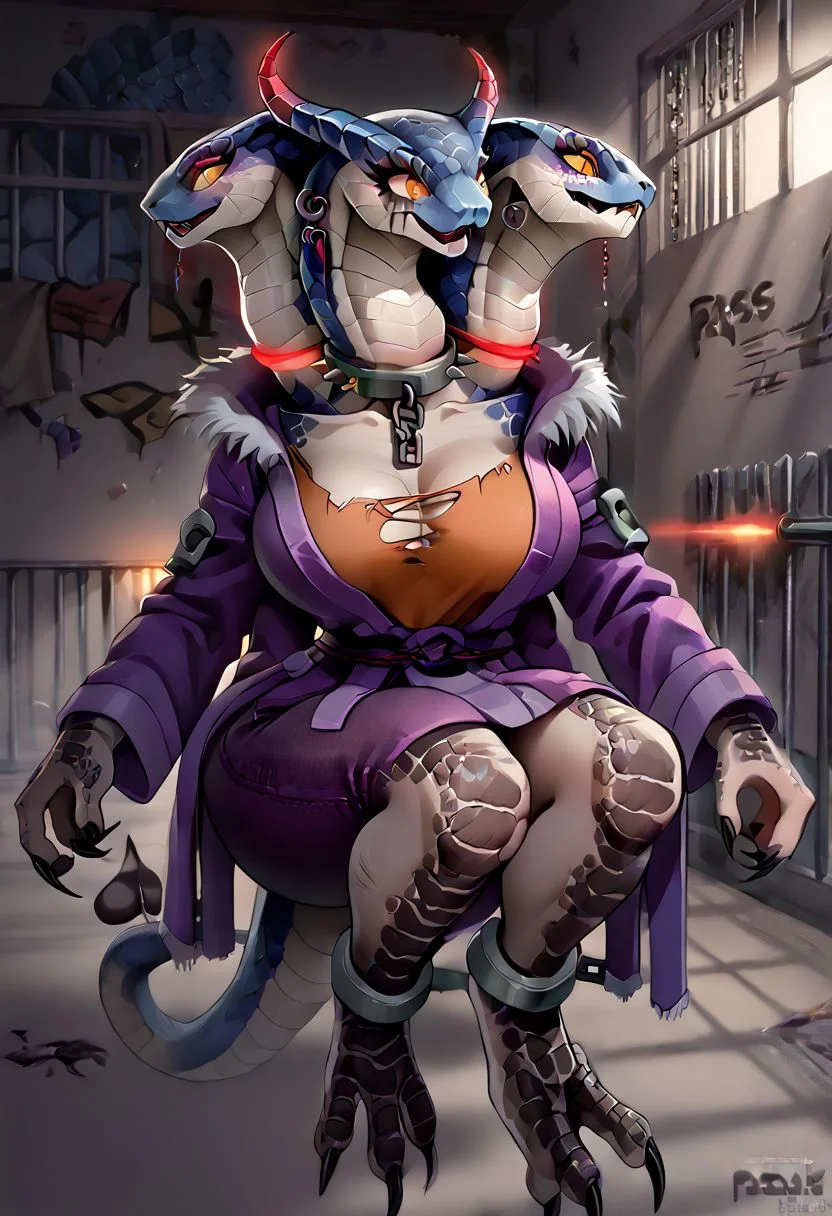 ((by pixelsketcher, etheross, deathhydra, oouna, dagasi, kalivero, chelodoy, Picturd, FIVEL):1.9), ((anthro, scales, scalie, snake, cobra, demon, hydra):1.9), digital painting, digital art, (score_9, score_8_up, score_7_up, score_6_up, score_5_up, score_4_up, source_hentai, source_anime, source_furry, source_monster), ((dark_blue_skin, fish scales, black and blue scale, glowing red accents, pearlescent shine):2.0), ((1girl, one body, three head, three necks, four arms, two legs, one tail):2.0), ((snake eyes, big eyelashes, running mascara, eye liner, spiked brow):1.9), ((long neck, detailed face, horns, cobra_hood, flat_face):1.7), ((bottom heavy, gigantic ass, oversized butt, perfect booty):1.3), (extra thicc hips), thin waist, narrow waist, round scaly tits, claws, ((metal collar, 3collars, linked collar, on a chain, chained, in shackles, sealed, piercings, piercing, earrings):2.0), ((dirty clothes, rags, torn fullbody robe, torn clothes, broken clothes):2.0), ((detailed background, basement, prison, solo):1.9), ((thick demon tail, raptor legs, furry, monster):1.5), ((different_heads, three-headed):1.5), ((spines, spikes, horns, sharp skin, scales on skin, scaly limbs):1.5), ((extra arms, two rows of arms, full body):1.5), ((three-headed cobra hydra, extra heads, (lizard from divinity original sin)):2.1), ((XCOM_Viper, sethrak, Densatra):2.1), ((bottom hands on as, ass visible from front):1.5), 4arm