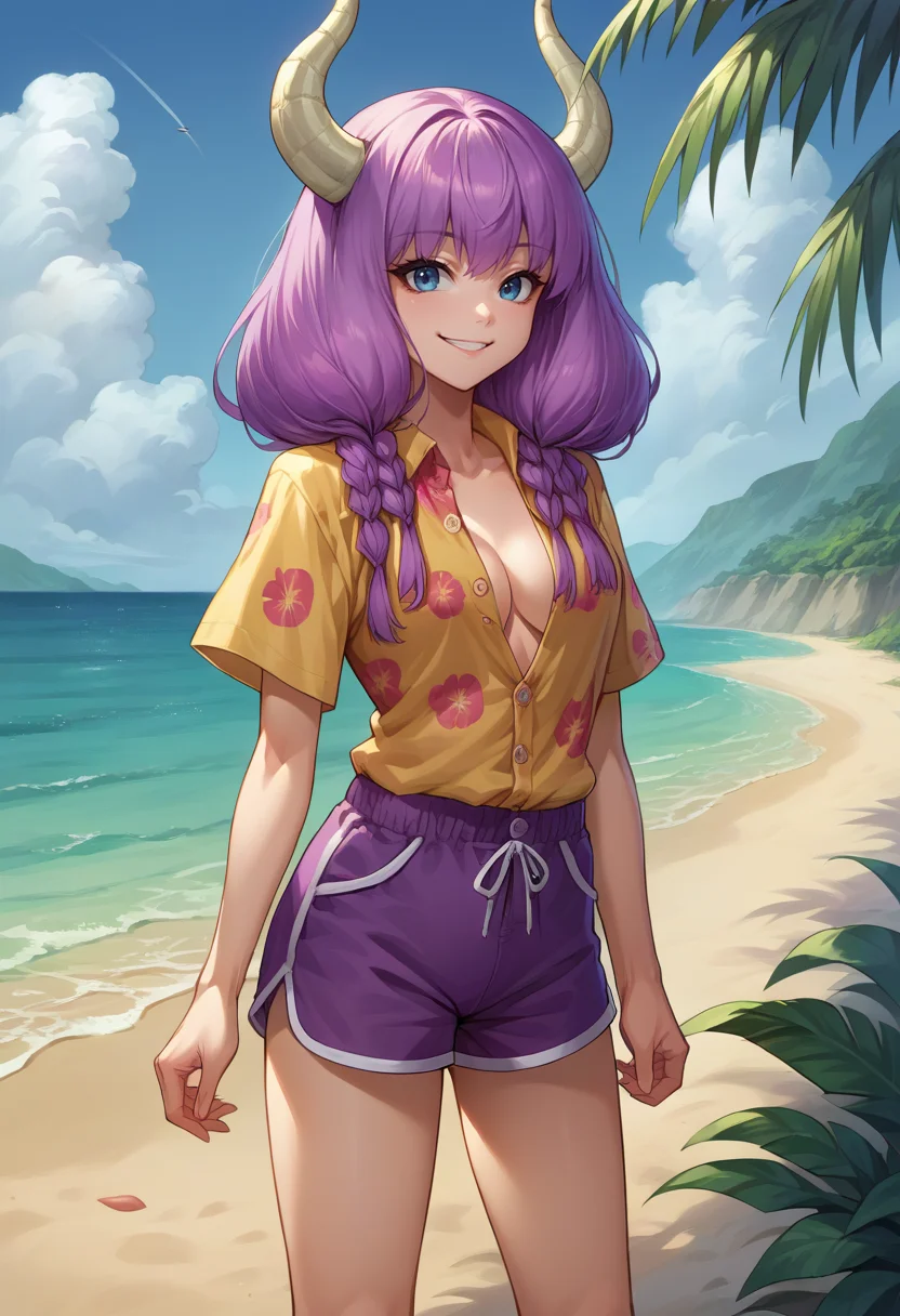 score_9, score_8_up, source_anime, 1girl, solo, AuraFrieren, purple hair, blue eyes, horns, long hair, twin braids, hawaiian shirt, dress shirt, unbuttoned, multicolored shirt, purple shorts, dolphin shorts, smile, outdoors, beach, <lora:ChamAuraPonyXL:1>