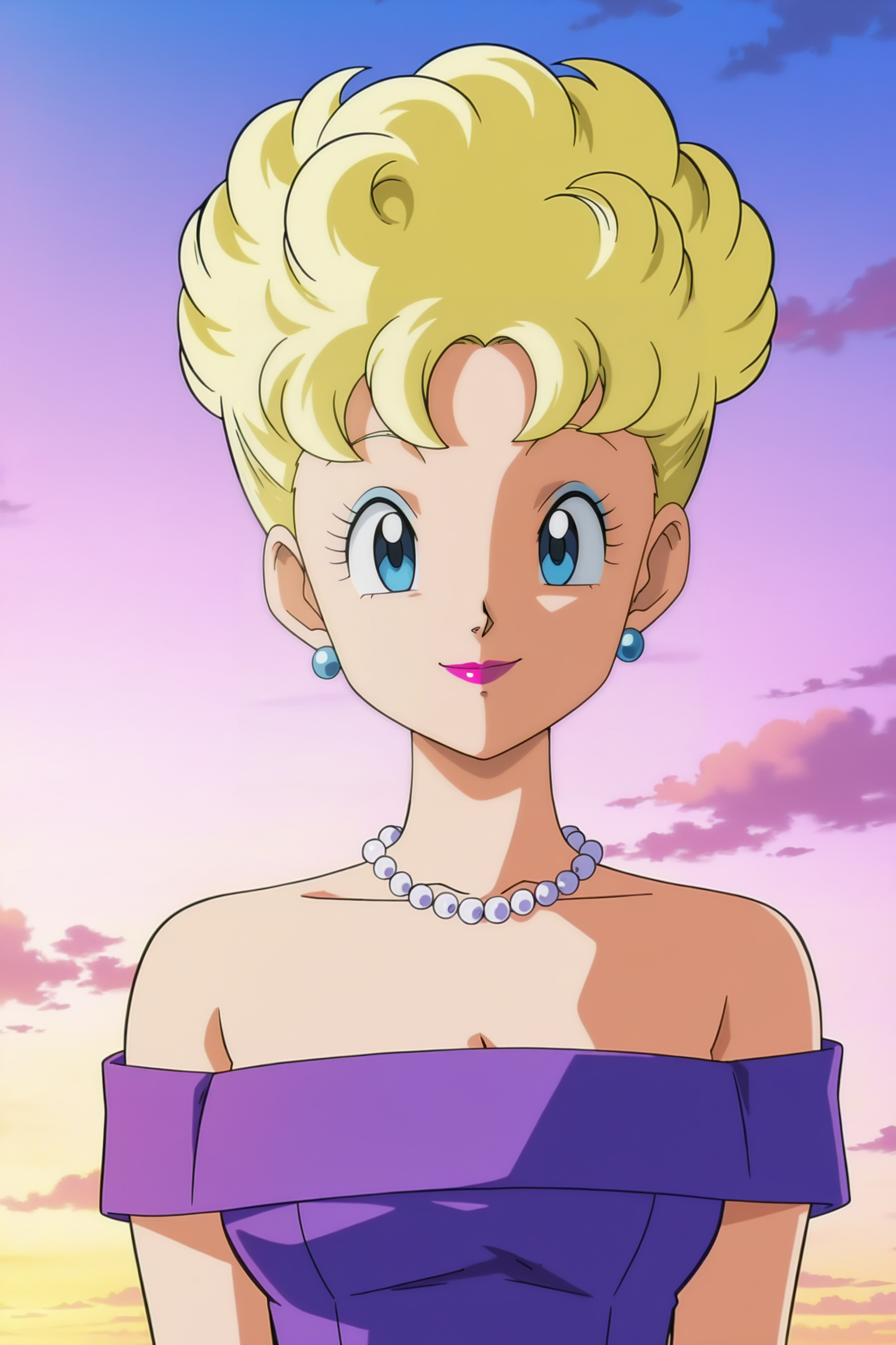 anime screencap, absurdres, high quality, official style, 
panchy, official style, 1girl, solo, looking at viewer, smile, short hair, blue eyes, blonde hair, dress, bare shoulders, curly hair, outdoors, upper body, earrings, cloud, necklace, off shoulder, makeup, lipstick, purple dress, pearl necklace, dusk, arms by side,
 <lora:Panchy_IL:0.8>