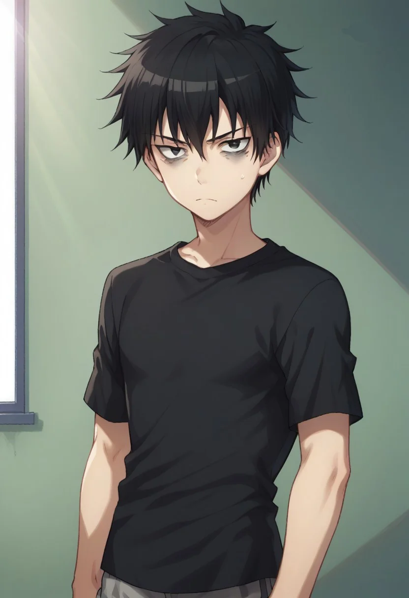 score_9, score_8_up, score_7_up, source_anime, highly detailed,
tomoki, 1boy, male focus, solo, black hair, upper body, black eyes, bags under eyes, looking at viewer, shirt, black shirt, shorts, grey shorts,