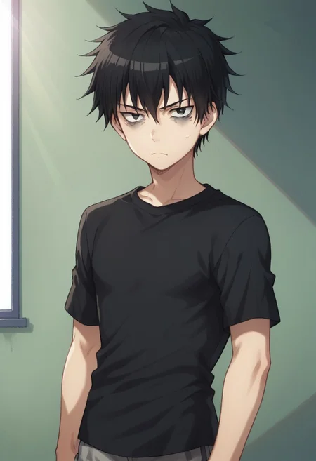 score_9, score_8_up, score_7_up, source_anime, highly detailed, 
tomoki, 1boy, male focus, solo, black hair, upper body, black eyes, bags under eyes, looking at viewer, shirt, black shirt, shorts, grey shorts,