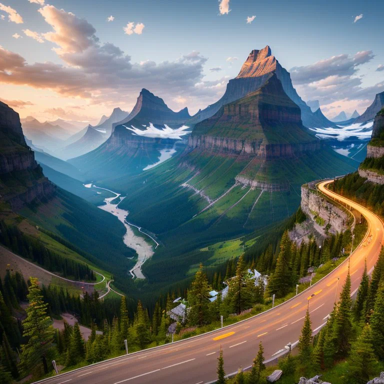 highly detailed evening cityscape of Glacier National Park, Montana, hd, trending on artstation, volumetric lighting, dof, <hypernet:longexposure:1>
