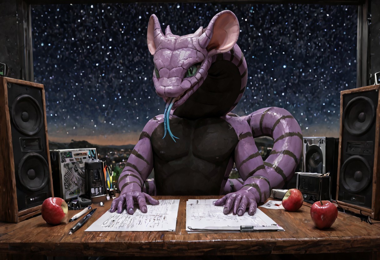 Manda snake, slit pupils, green eyes, purple body, body markings, black eye markings, 2 pair of horns, black belly scales, blue tongue, forked tongue, in a Glass on a Table, the bottom of the glass is Green and the top shows a starry Sky Manda looks up at the stars, Apple, desktop, mouse, notepad, speakers,