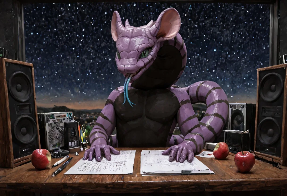 Manda snake, slit pupils, green eyes, purple body, body markings, black eye markings, 2 pair of horns, black belly scales, blue tongue, forked tongue, in a Glass on a Table, the bottom of the glass is Green and the top shows a starry Sky Manda looks up at the stars, Apple, desktop, mouse, notepad, speakers,