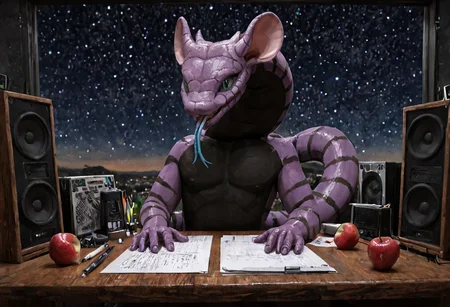 Manda snake, slit pupils, green eyes, purple body, body markings, black eye markings, 2 pair of horns, black belly scales, blue tongue, forked tongue, in a Glass on a Table, the bottom of the glass is Green and the top shows a starry Sky Manda looks up at the stars, Apple, desktop, mouse, notepad, speakers,