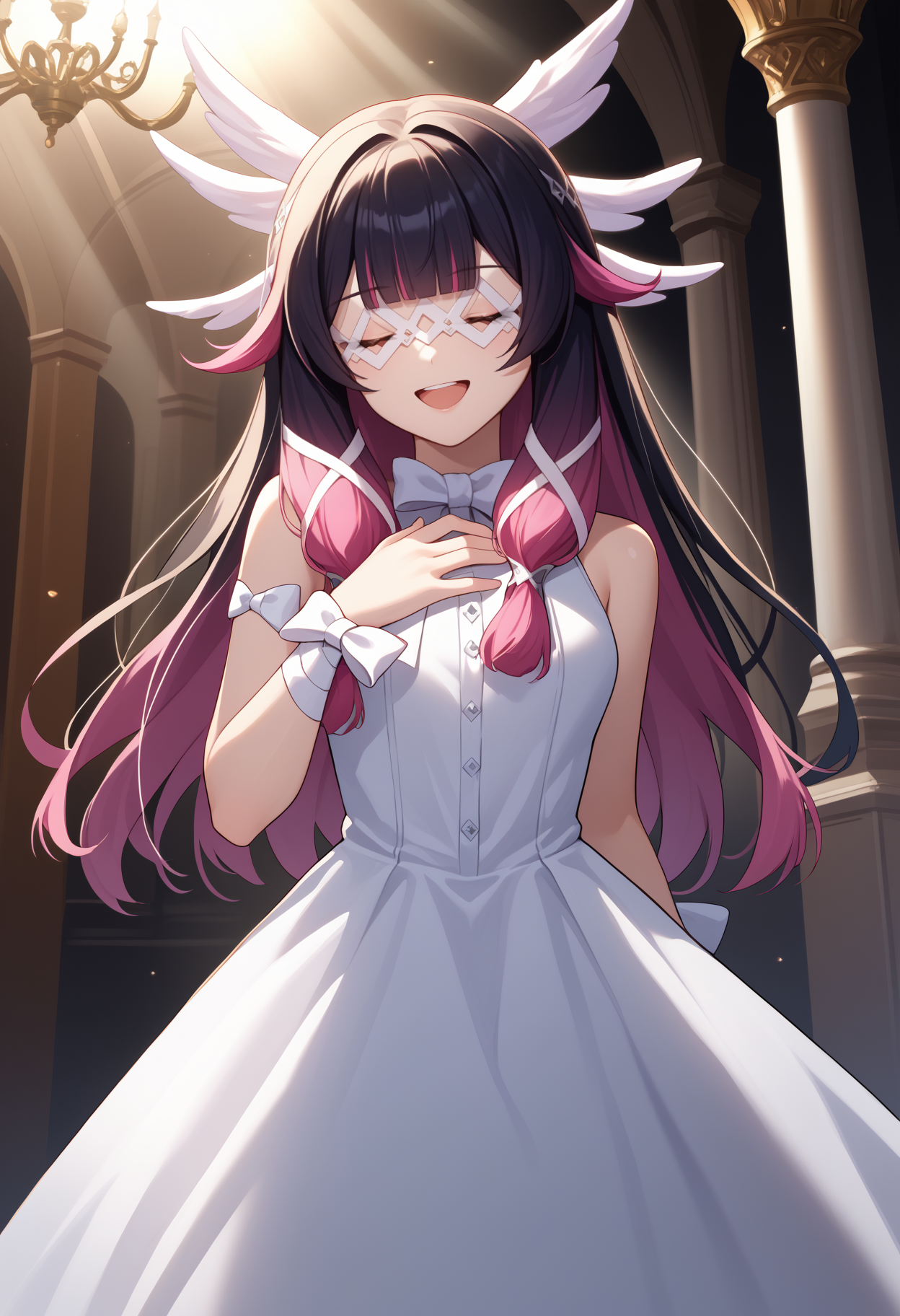 score_9, score_8_up, score_7_up, source_anime, <break> solo, 1girl, c0lumbina, singing, smile, open mouth, hand on own chest, long hair, streaked hair, black hair, pink hair, blunt bangs, hair ribbon, white ribbon, head wings, closed eyes, white mask, eye mask, white dress, sleeveless dress, wrist ribbon, bare shoulders, chandelier, light rays, spotlight
<segment:yolo-face_yolov8m.pt,0.4,0.5//cid=1>