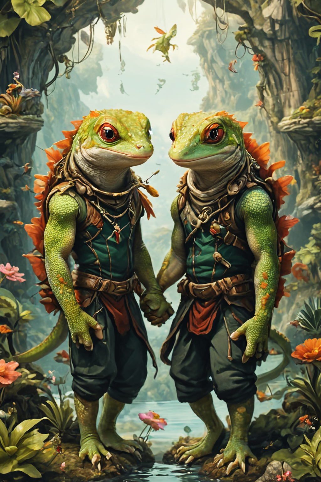 Detailed digital portrait of an anthro Gecko (Holding hands tenderly, expressing connection) at a Floating islands suspended by anti-gravity tech, <lora:xl_more_art-full_v1:0.5>,  <lora:The_Crazy_Style:0.7> <lora:anthro_muscular:0.7>