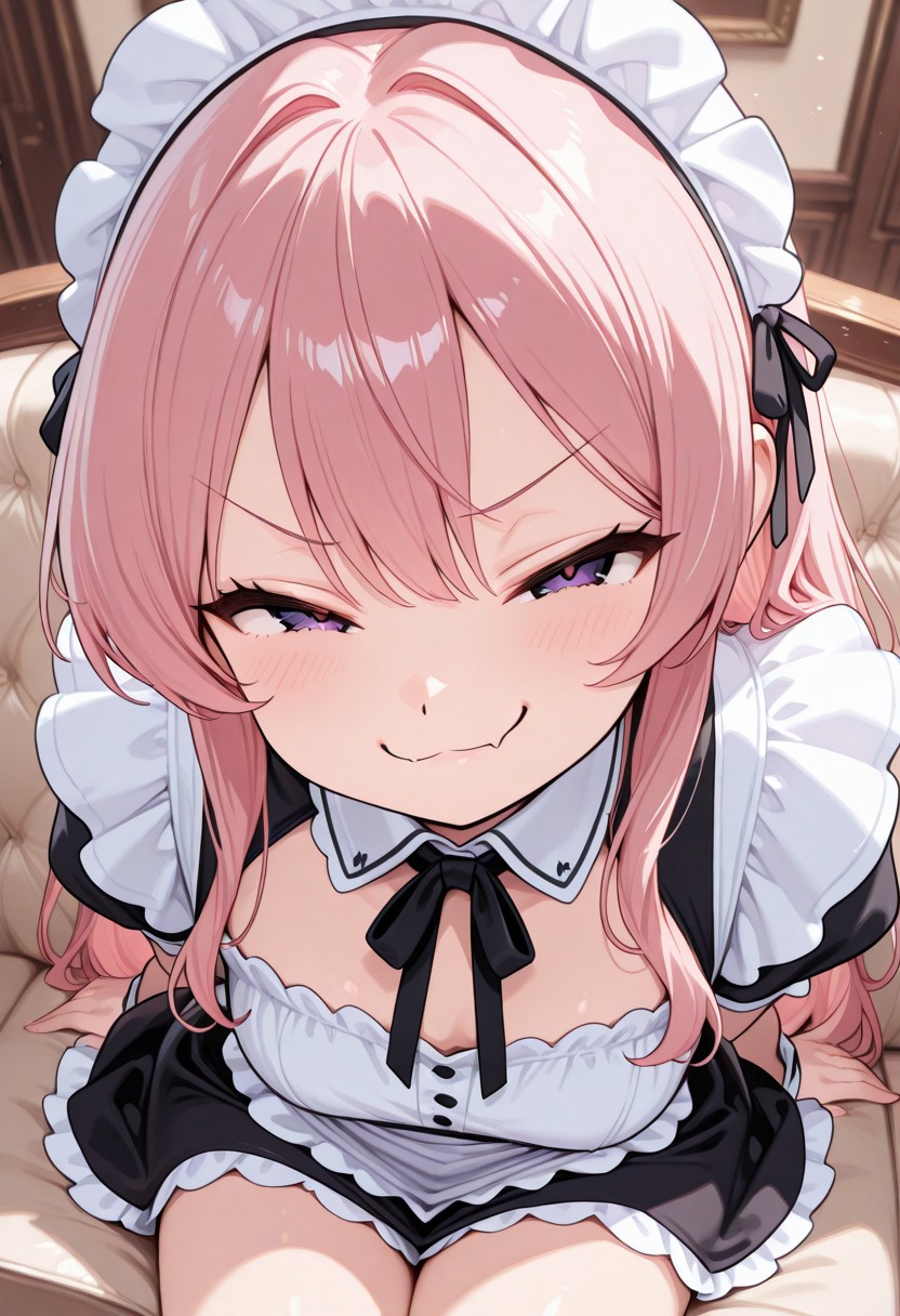 woman, CivChan, purple eyes, pink hair, sitting on a couch, smug pose, high quality, best quality, masterpiece, 4k resolution, anime
