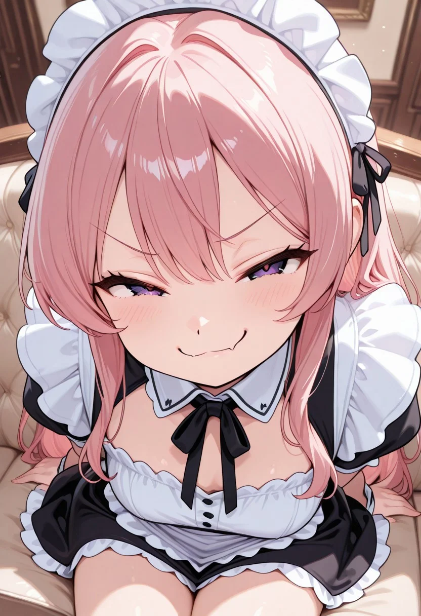 woman, CivChan, purple eyes, pink hair, sitting on a couch, smug pose, high quality, best quality, masterpiece, 4k resolution, anime