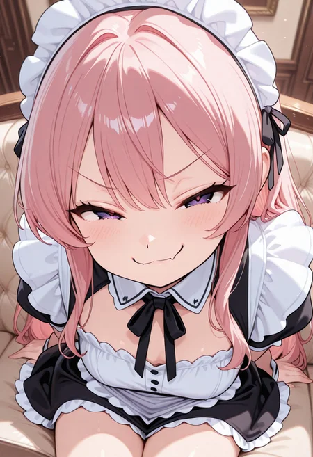 woman, CivChan, purple eyes, pink hair, sitting on a couch, smug pose, high quality, best quality, masterpiece, 4k resolution, anime