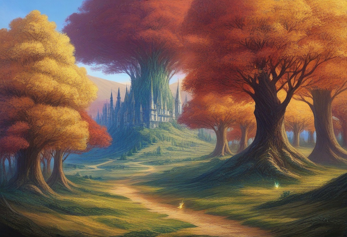Autumn landscape, Fantasy world, Video game art, Golden trees, Orange foliage, Red trees, Green grass, Winding path, Cartoonish style, Vibrant colors, Hilly terrain, Peaceful scene, Nature, Outdoors, Bright sky, Stylized trees, Rolling hills, Scenic view, Epic fantasy landscape, Enchanted forest, Magical creatures, Whimsical style, Storybook style, Detailed, High-fantasy art, Dreamlike style, Fairy-tale style, Romantic, Ethereal, Atmospheric, Lush landscape, Painterly style, Illustration, Digital painting, Concept art, 2D game, Colorful, Serene, Painterly, Scenic, Detailed world-building.