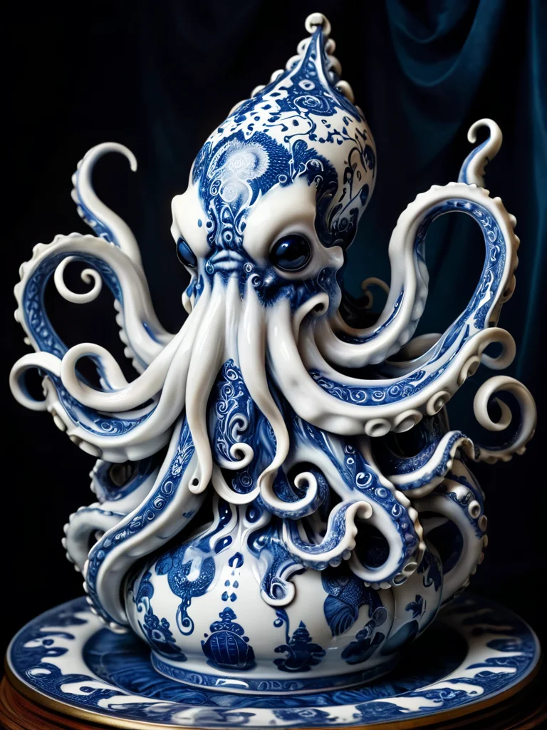award winning photograph of a kraken with slimy tentacles made of blue and white porcelain in wonderland, magical, whimsical, fantasy art concept, steampunk, intricate details, best quality, masterpiece, ultra shartp, hyper realistic, realism <lora:PAseer-SDXL-Bï¼WPorcelain:0.8>