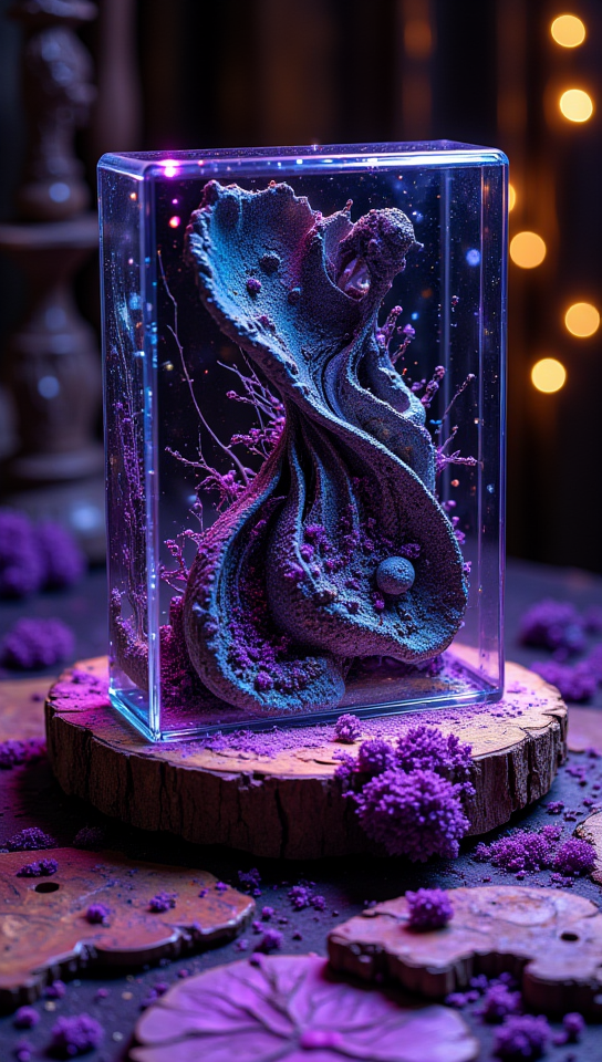 masterpiece, 4k, 8k, bokeh, a carbon fiber shape with a glass case merging together, it is a special object found in a secret dark shop, dropped on a crafted burned wood table, purple smoth surface with moss.
detailmaximizer, Midjourney_Whisper, opalescence <lora:[Flux1]_flux_vividizer:0.3> <lora:[Flux1]_scenery_lora_comfy_converted:0.2> <lora:[Flux1]_Opal_Fantasy_Flux:0.5> <lora:[Flux1]_aidmaPsychadelicChaosWorld-FLUX-v0.1:0.3> <lora:[Flux1]_aidmaImageUpgrader-FLUX-V0.1:0.1> <lora:[Flux1]_midjourney_whisper_flux_lora_v01:0.1>