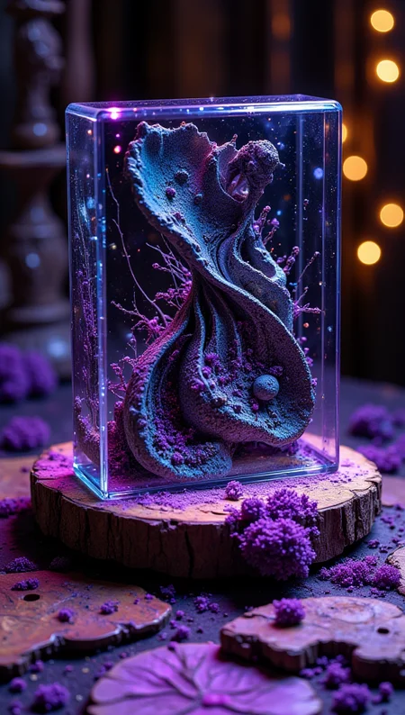 masterpiece, 4k, 8k, bokeh, a carbon fiber shape with a glass case merging together, it is a special object found in a secret dark shop, dropped on a crafted burned wood table, purple smoth surface with moss.
detailmaximizer, Midjourney_Whisper, opalescence <lora:[Flux1]_flux_vividizer:0.3> <lora:[Flux1]_scenery_lora_comfy_converted:0.2> <lora:[Flux1]_Opal_Fantasy_Flux:0.5> <lora:[Flux1]_aidmaPsychadelicChaosWorld-FLUX-v0.1:0.3> <lora:[Flux1]_aidmaImageUpgrader-FLUX-V0.1:0.1> <lora:[Flux1]_midjourney_whisper_flux_lora_v01:0.1>