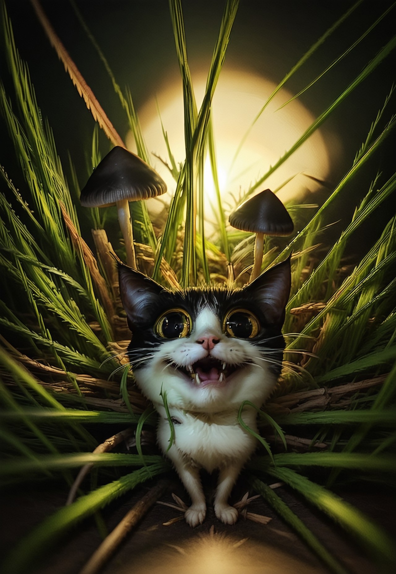 score_9, score_8_up, score_7_up, score_6_up, score_5_up, score_4_up, BREAK ((smile)), a crazy looking cat with very happy face in dark-grasshrooms, dark, backlit, low key, sidelight, depth of field, blurry foreground, dark-grasshrooms