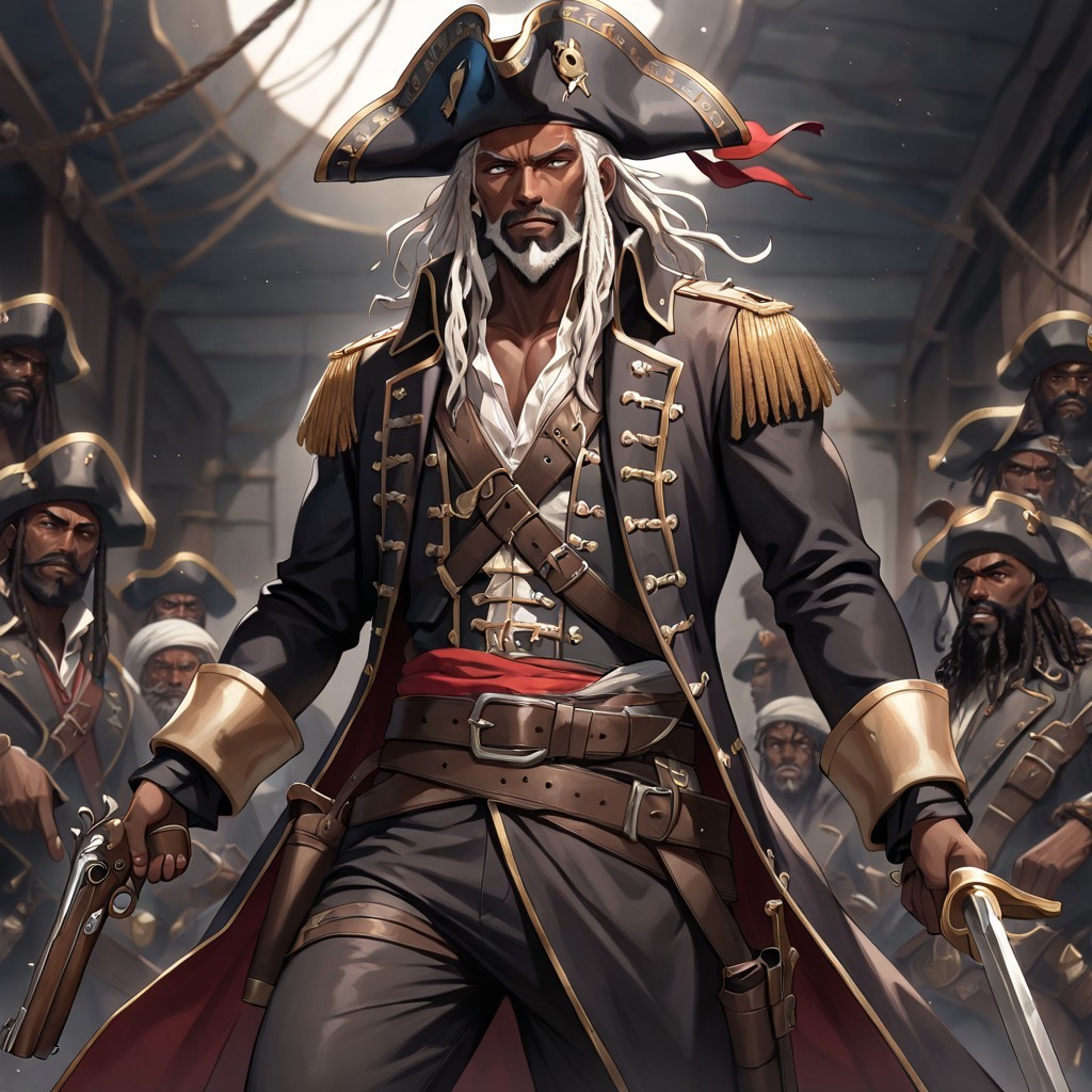 masterpiece, best quality, newest, absurdres, highres, anime, anime style, PAV1.0IL, pirate, 1boy, pirate, pirate hat, sword, holding sword, weapon, holding weapon, holding gun, gun, firearm, pistol, dark skin, dark-skinned male, beard, white hair, dredlocks,