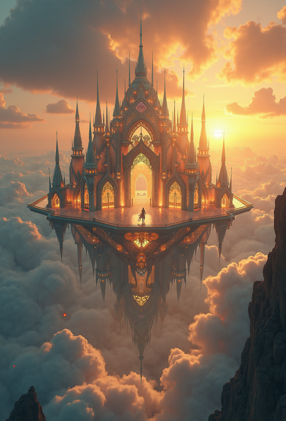 A majestic, intricately designed glass palace floats serenely in the sky, suspended impossibly above the clouds. Its walls, ceilings, and floors are made of flawless transparent glass, seamlessly blending into the atmosphere around it. The structure reflects the radiant hues of a distant, burning golden sunset, which casts an ethereal glow over the palace, making it seem as though itâs a shimmering jewel amidst the heavens. The palace's architecture is a stunning fusion of organic curves and geometric patterns, with towering spires and arched corridors, each adorned with delicate filigree, etched into the glass itself. It is as if the palace is both a work of art and an extension of the sky.
Inside, humanoid figures composed entirely of swirling, dark smoke glide effortlessly through the open halls and chambers. Their forms are graceful yet nebulous, constantly shifting in shape, as they dance in an elegant, fluid motion. Their every movement seems choreographed with the wind, creating patterns that ripple like ink dissolving in water. These figures appear both sentient and enigmatic, their smokey essence occasionally revealing fleeting, humanoid features before dissolving into mist once more.
The air surrounding them is alive with shimmering particles of light, twinkling like stars in slow motion, drifting lazily through the open spaces of the palace. These luminous specks add an otherworldly ambiance, catching the sunsetâs light and refracting it in all directions, creating an aura of surreal beauty. The entire scene exists in a dreamlike state, as if reality has softened and blurred at the edges, leaving only serenity and a sense of weightless freedom.
The atmosphere inside the palace is calm yet intensely surreal, with a soft, ambient light diffused throughout the space. It feels as though gravity holds no true authority here, as objects, including the dancers, seem to float or hover, obeying a different set of rules. The perspective is slightly tilted, further disorienting the viewer in this suspended world, enhancing the sensation that this is not a place meant for mortal understanding, but a beautiful, untouchable realm of tranquility and mystery.