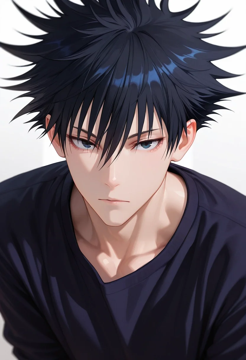 masterpiece, best quality, , (3d:0.4), looking at viewer, 1boy, solo, male focus, <lora:megumi_fushiguro_ilxl:0.94>, megumi_fushiguro, black hair, black eyes, spiked hair, short hair, bangs, hair between eyes, , ,