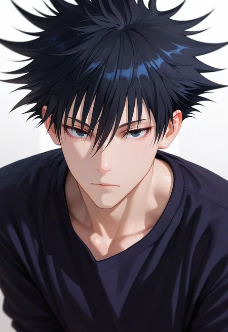 masterpiece, best quality, , (3d:0.4), looking at viewer, 1boy, solo, male focus, <lora:megumi_fushiguro_ilxl:0.94>, megumi_fushiguro, black hair, black eyes, spiked hair, short hair, bangs, hair between eyes, , ,