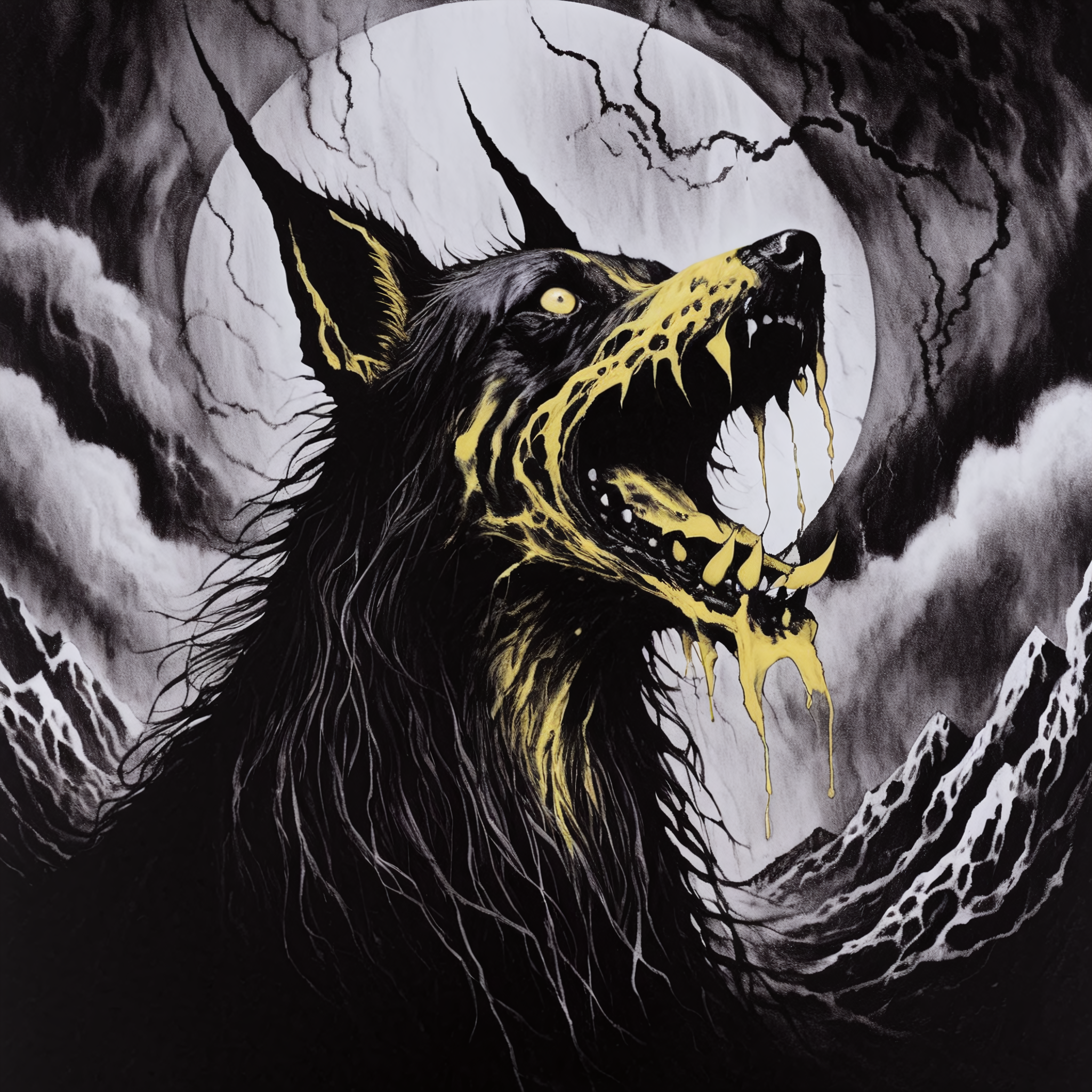 blackmetal style, black and yellow, xerox, a rabid dog with foamy mouth, cloudy sky,
<lora:black_metal_art:1.0>
