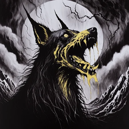 blackmetal style, black and yellow, xerox, a rabid dog with foamy mouth, cloudy sky,
<lora:black_metal_art:1.0>