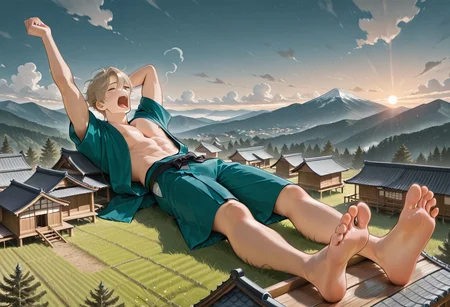 (masterpiece, best quality, very awa), BREAK, giant, giant male, dynamic, cinematic, adult face, masculine face,
BREAK, <giant: male, masculine, adult male, very messy hair, fashionable clothes, japanese clothing, japanese shirt, bare feet, toned body, lying down, lying down, yawning, arms raised in yawn, laying on back, laying next to villages, laying next to wooden houses,>,
BREAK, japanese country side, mountains, traditional japanese village, sky, clouds, sunset, many wooden village houses, traditional houses, many houses, busy village, traditional japanese structures, very detailed background, very detailed environment, very detailed surroundings,
BREAK, zoomed out, full body, full view,