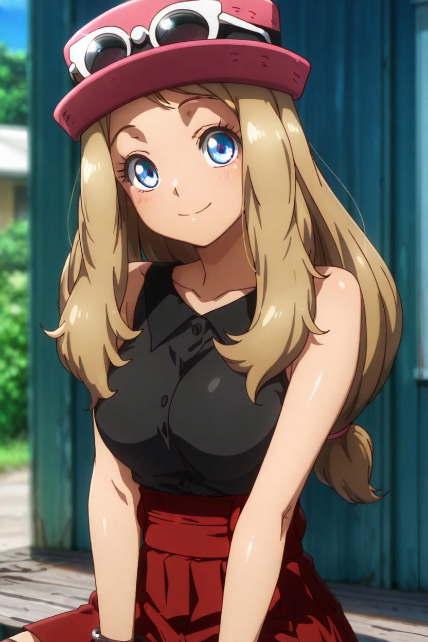 masterpiece, best quality, 1girl, solo, beautiful eyes, zzSerena, solo, long hair, blue eyes, eyewear on headwear, pink headwear, eyelashes, sleeveless shirt, black shirt, bracelet, high-waist skirt, red skirt, black thighhighs,  <lora:SerenaPokemonIXL_v2:1.0>,    <lora:OkitsuraStyleIXL:1.0>, upper body, smile, looking at viewer, shiny skin,