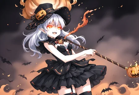 (masterpiece), (score_9, score_8_up, score_7_up,source_anime), 4K8K,
(from below), misty, steam, fog, Floating Halloween pumpkins,
halloween, halloween fantasy,
(pumpkinhead woman, Pumpkinhead:1.3), (solo), (Glossy skin, pale skin:1.3), (crossed arm, hold stick), burning pumpkin, (dark aura:1.4), (smirk, half-opened mouth, Canine, tooth, fang1.2),
(medium figure:0.9), (pointy breasts:1.1),
(glowing eyes),
(wearing vampire cos, dress, makeup, red and black dress, Miniature Hats, zettai ryouiki, thighhighs:1.2),
(emperor's audience room, dark room:1.3), elf ears,