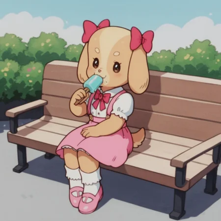 score_9, score_8_up, score_7_up, score_6_up, score_5_up, score_4_up, source_furry, RolleyCocker, anthro, female, dog, tan fur, long ears, pink ear bows, pink skirt, suspenders, pink bowtie, white shirt, collared shirt, short sleeves, puffy sleeves, pink shoes, white socks, sitting, outside, on a bench, eating ice cream