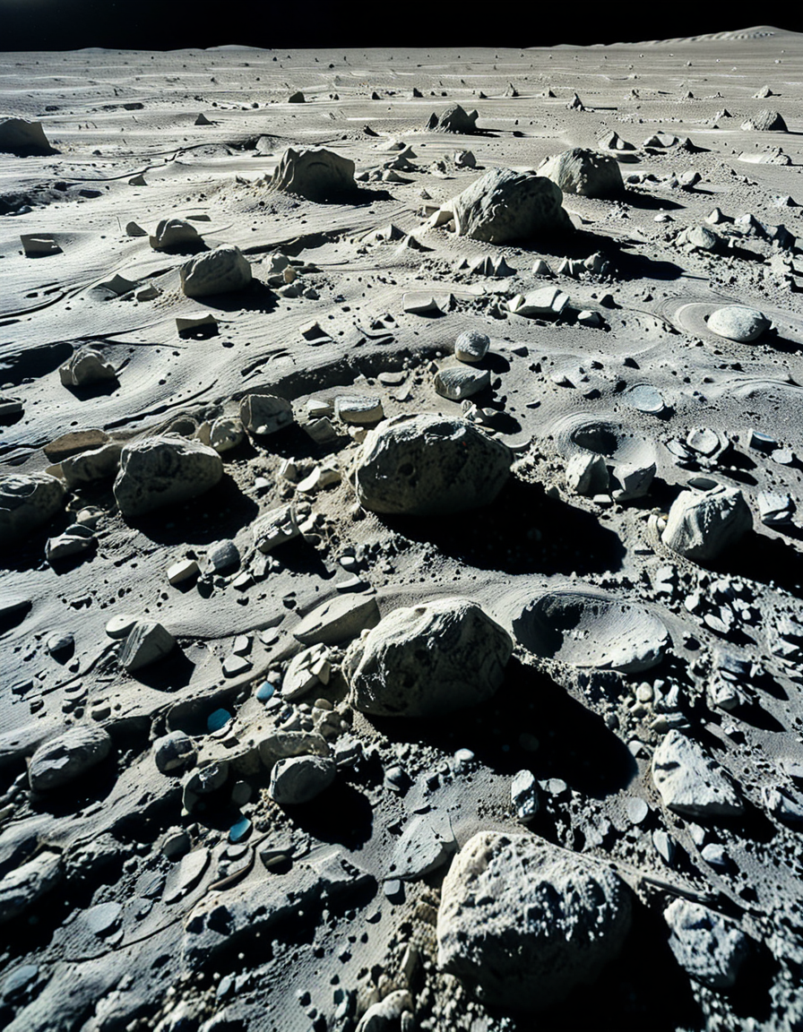 A high-resolution photograph of the Moon's surface, showcasing its rocky, cratered terrain with fine lunar dust. The foreground is dominated by detailed lunar regolith, with small rocks and uneven textures illuminated by the harsh, direct sunlight. Shadows are sharp and deep due to the lack of atmosphere. In the background, Earth appears as a vibrant blue and white sphere, partially illuminated, contrasting against the blackness of space. The composition is balanced, with Earth positioned slightly off-center to create a sense of depth and scale. The lighting is natural, with the Sun casting a bright glow on the lunar surface while leaving some areas in darkness, emphasizing the stark and desolate beauty of the Moon.
<lora:SDXLFaeTastic2400:0.4> <lora:extremely_detailed:0.4> extremely detailed, <lora:moon_surf4c3_v2:1>,moon surf4c3, Masterpiece,best quality,hi res,8k,hi res,8k,award winning,(sharp focus, intricate, highly detailed),