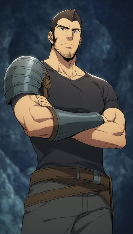 1boy, hwangDongsuk_sololeveling,  long sideburns, armor, Stubble, cave environment, tight black t-shirt, middle-age man, score_7_up, score_6_up, score_8_up, score_9_up, face_focus, muscular, stocky body, expressionless, centered, looking at viewer, 8k uhd, high quality, crossed arms