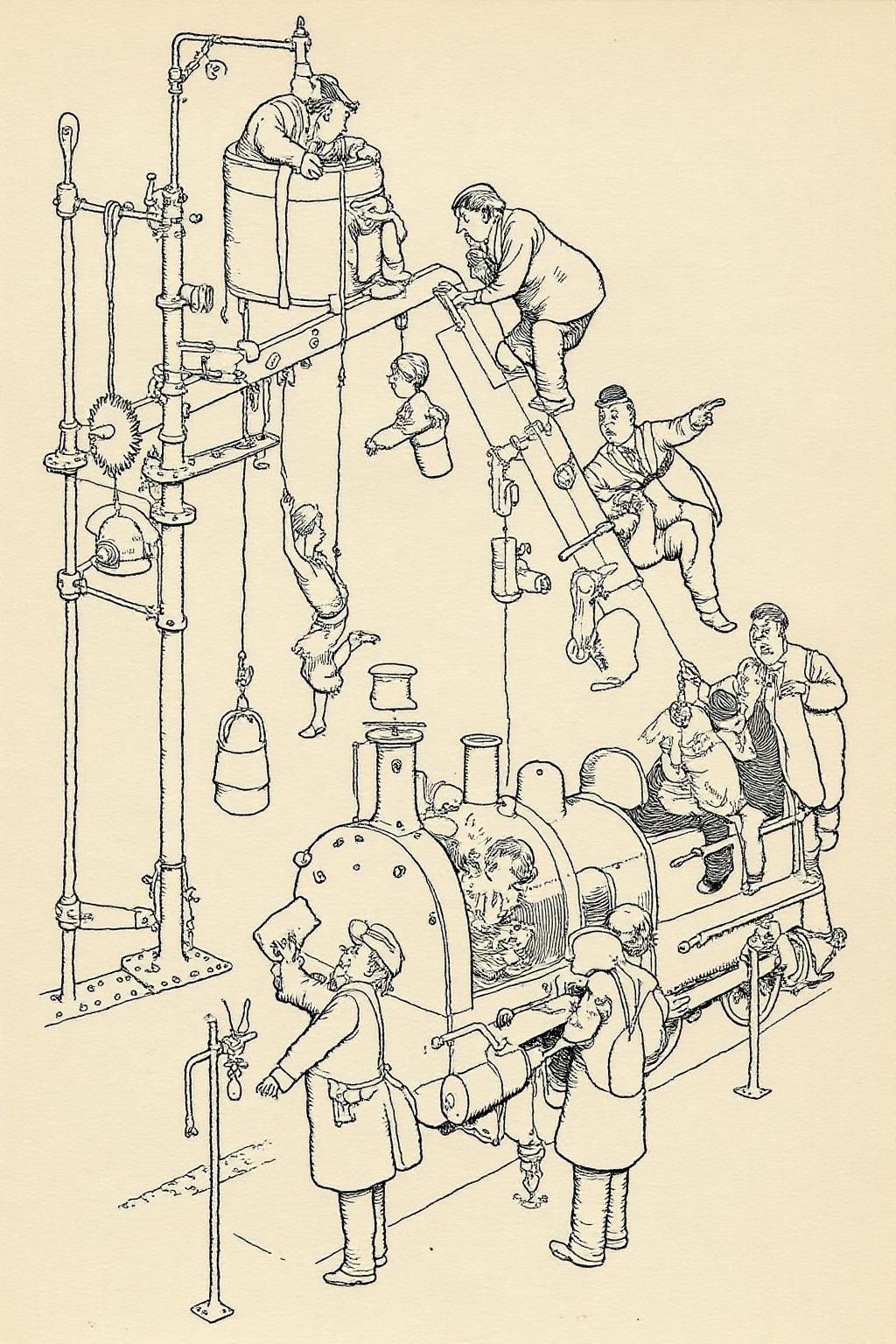 whrob1 illustration. 
A whimsical Victorian railway scene in the style of Heath Robinson, featuring an overly elaborate boarding contraption. The machine is a chaotic network of gears, pulleys, and levers, with a series of conveyor belts lifting passengers onto a steam train. Uniformed station attendants struggle to control the contraption, while one passenger dangles midair, clinging to his hat. The train is decorated with brass fittings and intricate details typical of the Victorian era. <lora:whrob1_cap_d6a3e11:1.0><lora:828461593538028149:0>